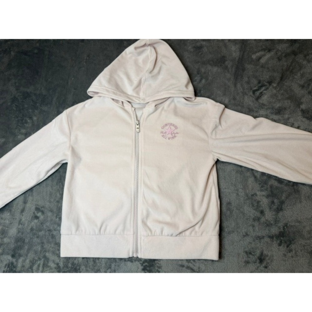 Converse All Star Kids Pink Velour Zip Up Hoodie Sweatshirt Star Logo